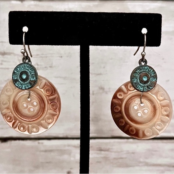 Artesian Shotgun Shell & Button Dangle Pierced Earrings Woman’s Jewelry - Picture 3 of 6